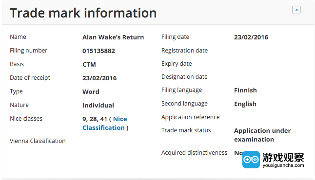 注册了一个名为“心灵杀手回归(Alan Wake's Return)”的全新商标