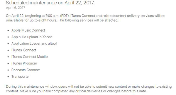 4月22日iTunes Connect将维护约8小时 开发者须提早更新