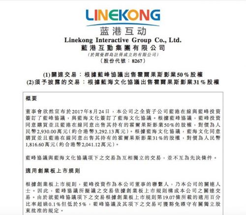 蓝港互动拟4746.6万元出售霍尔果斯影业81%股权