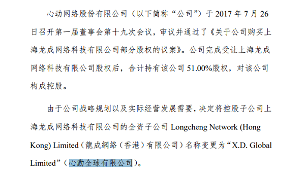 心动网络宣布收购龙成网络23%的股份