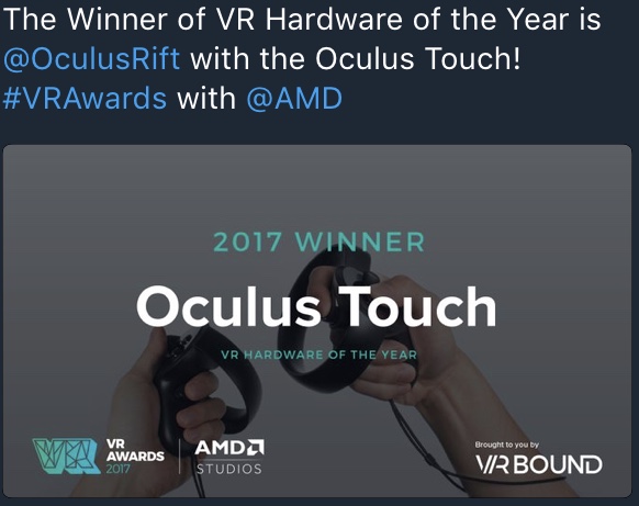 年度最佳VR硬件：Oculus Touch