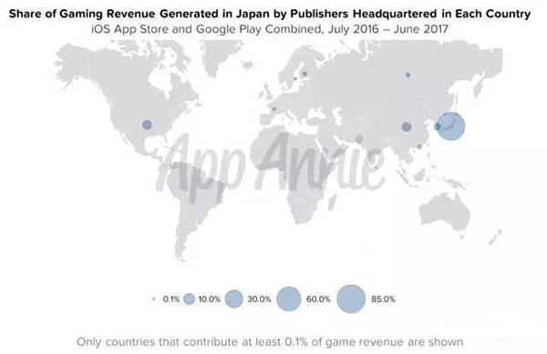 日本手游收入分部(按总部统计，只显示游戏收入占比超过0.1%的地区)