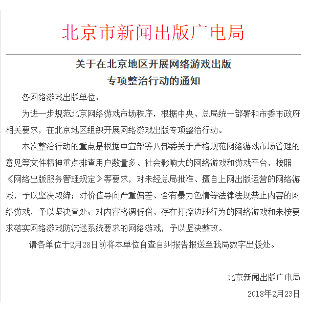 关于在北京地区开展网络游戏出版专项整治行动的通知