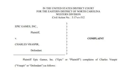 Epic在北卡罗来纳州法院发起的诉讼文件