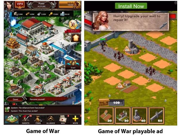 实际游戏玩法(左)与互动广告呈现的玩法(右)对比
