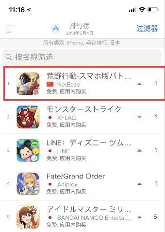 《荒野行动》已连续一周稳居日本iOS畅销榜前三