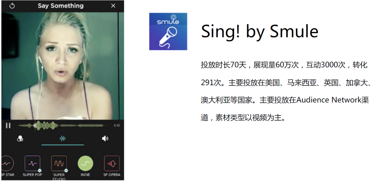 音乐类应用《Sing! by Smule》视频广告素材、投放情况及效果