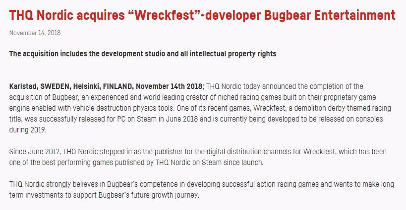 THQ Nordic收购Bugbear 明年推主机版《撞车嘉年华》